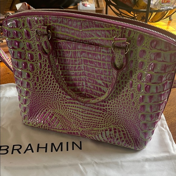 Brahmin Purple and Green Croc-Embossed Satchel - Picture 3 of 3